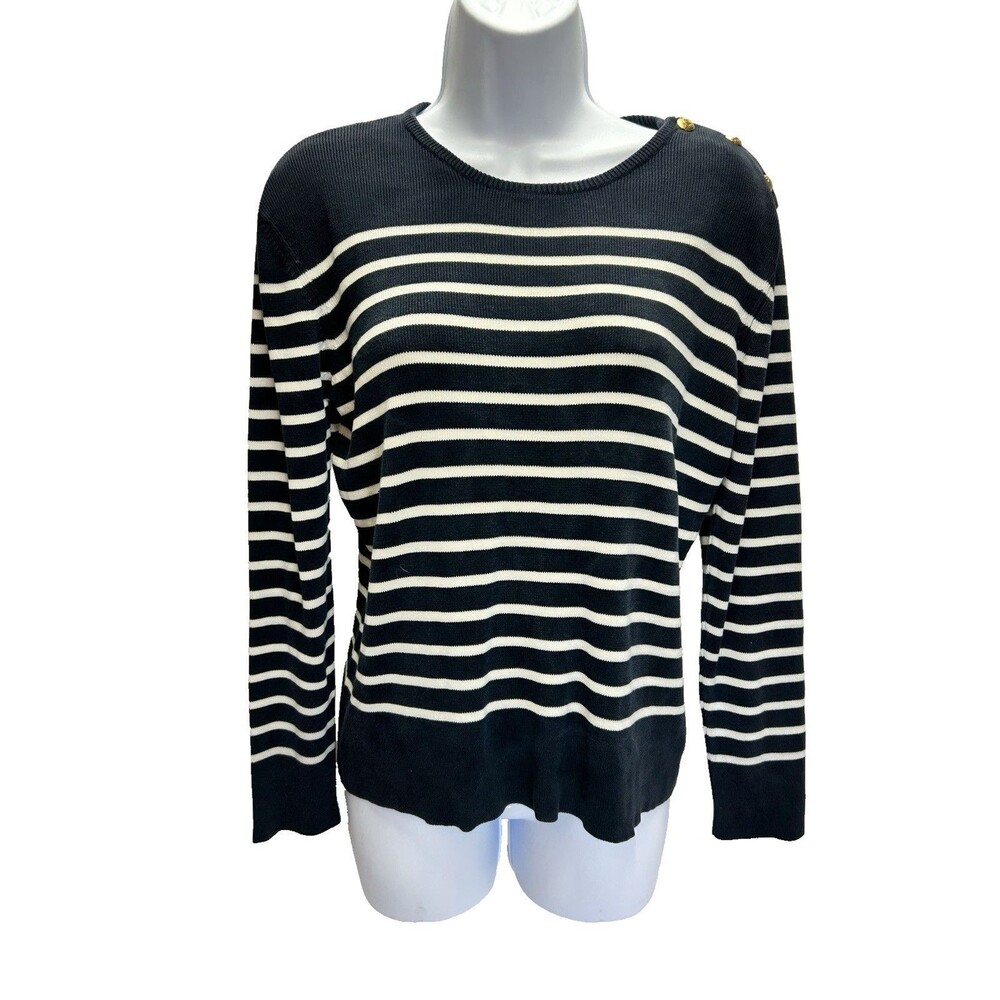 VTG 100% Silk Knit Black White Stripe Button Sweater Lauren Ralph Lauren Women L